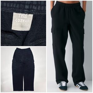 Tna Cozy AF Cargo Pockets Straight Leg Sweatpants Elastic Waistband Black